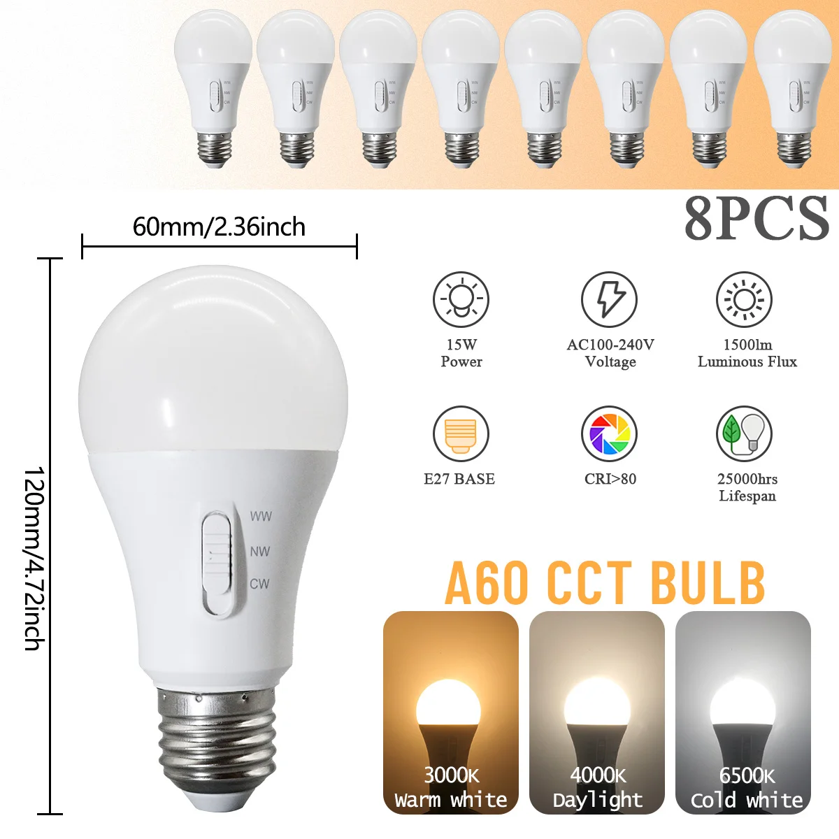 (8pcs, Ac100-240v) Bombilla Led E27 Con Interruptor Dip, Interruptor De Temperatura De Tres Colores, 15w, Para La Iluminación Del Hogar