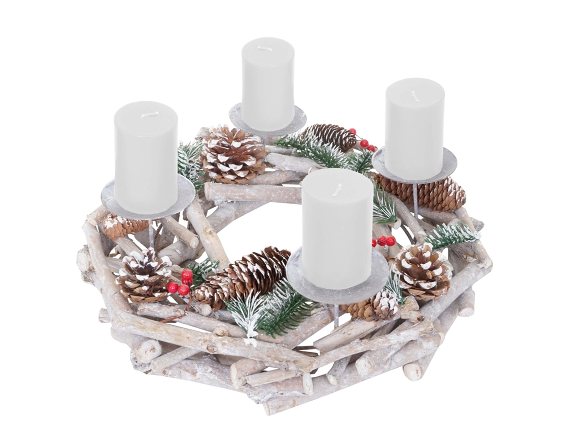 Corona de Adviento redonda, decoración navideña de mesa de madera, Ø 35 cm, blanco grisáceo, con velas blancas 04_0002565