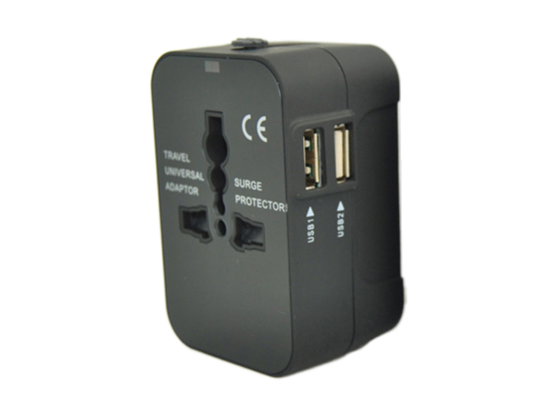 Adaptador de viaje universal para 150 países con enchufes de Reino Unido, EE. UU., UE y Australia y 2 puertos USB.