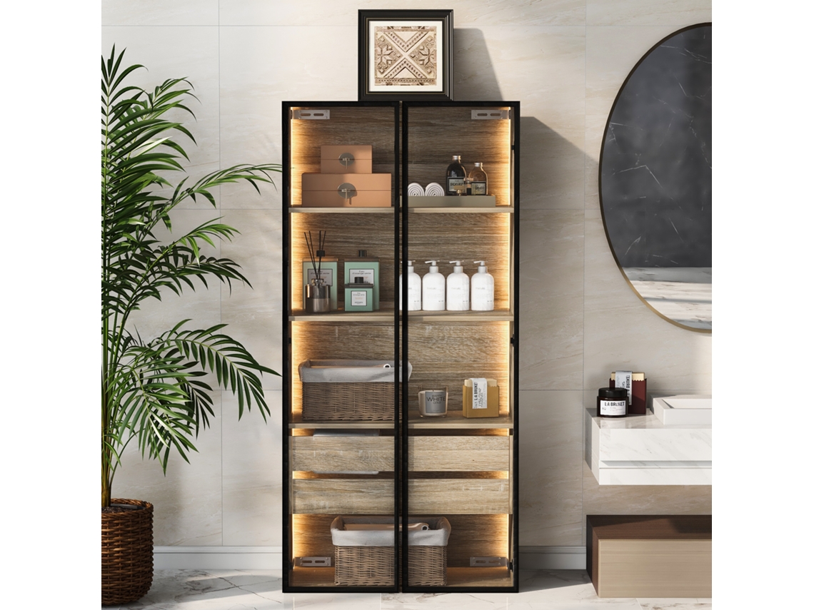 Armario Baño 73 Cm - Con Luz, 2 Grandes Cajones Y 2 Puertas De Cristal - Natural