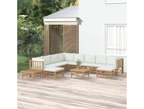 Conjunto 12 de muebles de jardín VIDAXL bambú y cojines blanco crema