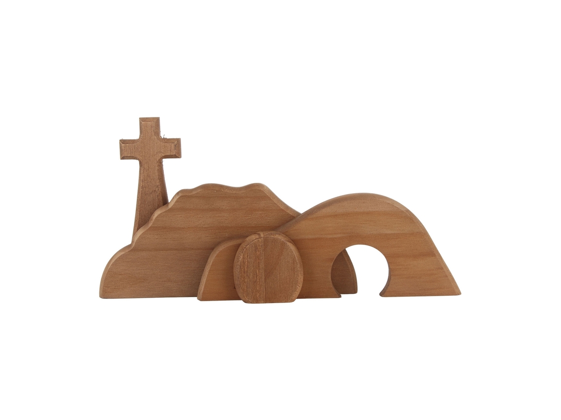 Escena Decorativa De Pascua Con Cruz Y Tumba Vacía De Jesús, Estatua De Madera Para El Hogar.