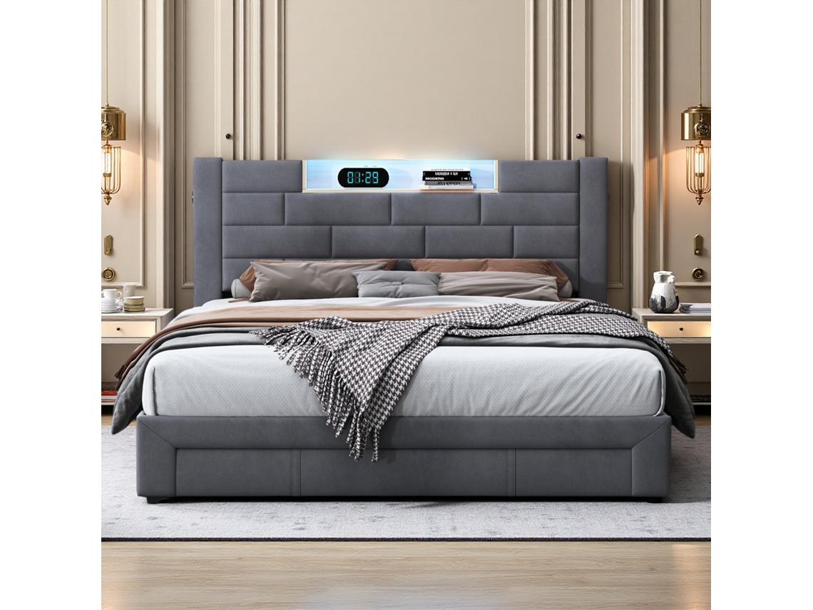 Cama Con Almacenaje 160x200 Cm - 3 En 1: Cama De Matrimonio Con Cajones, Luz Rgb Y Puertos Usb/type-c - Cabecero De Terciopelo Gris Moderna