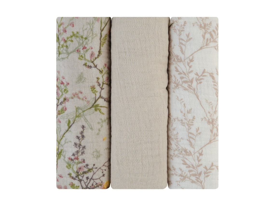 Juego de pañales de muselina Secret Garden, paquete de 3, 75 x 75 cm, beige Kikkaboo