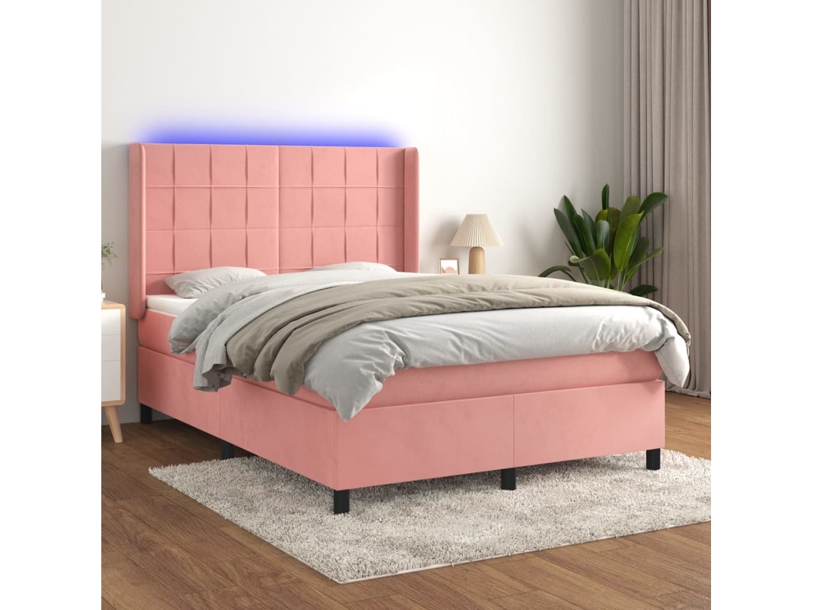 Cama Box Spring Colchón Y Led Terciopelo Rosa 140x190 Cm