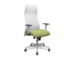 Sillón Albacete con mecanismo Synchro, tapizado en tela verde oliva y malla blanca.