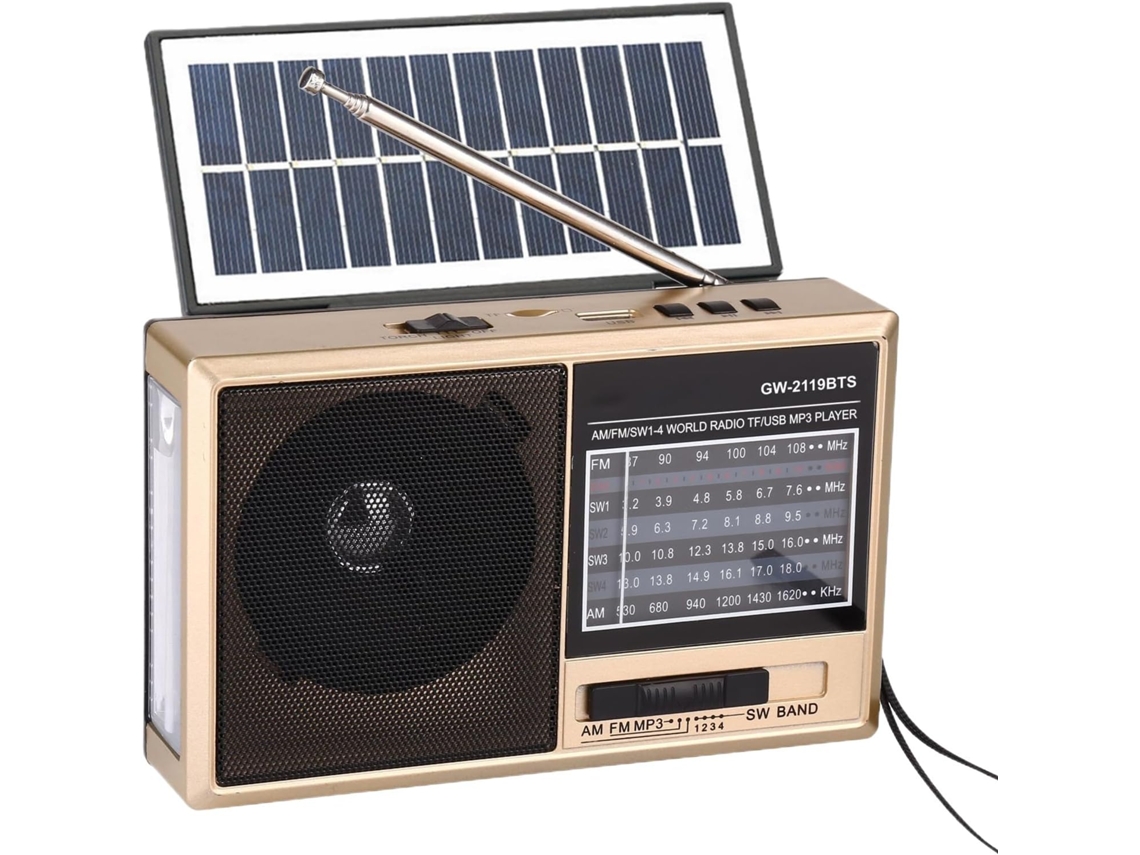 Radio portátil, radio FM portátil con energía solar, dispositivo compacto de estilo vintage para uso en exteriores, hogar y oficina.