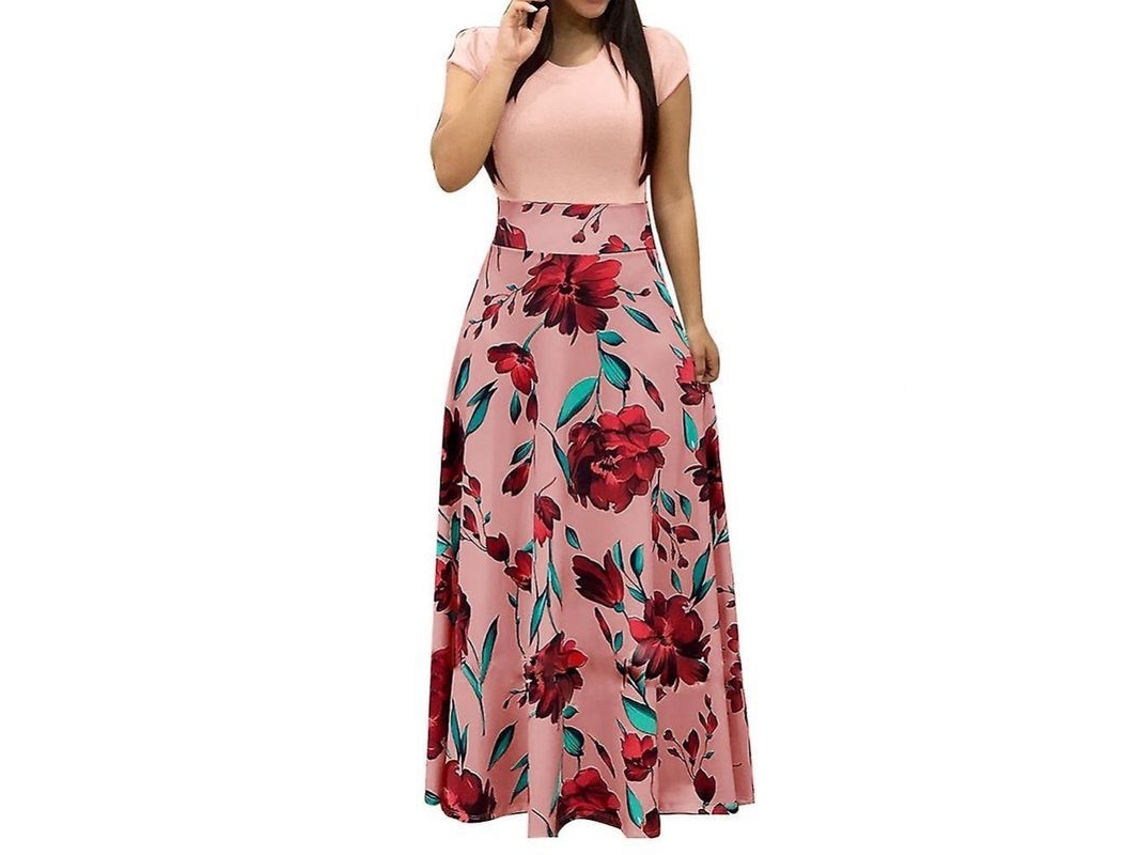 2026-5126-vestido Largo De Manga Corta Con Estampado Floral Cuello Redondo Para Mujer Fiesta Playa Vyo 2xl Rosa
