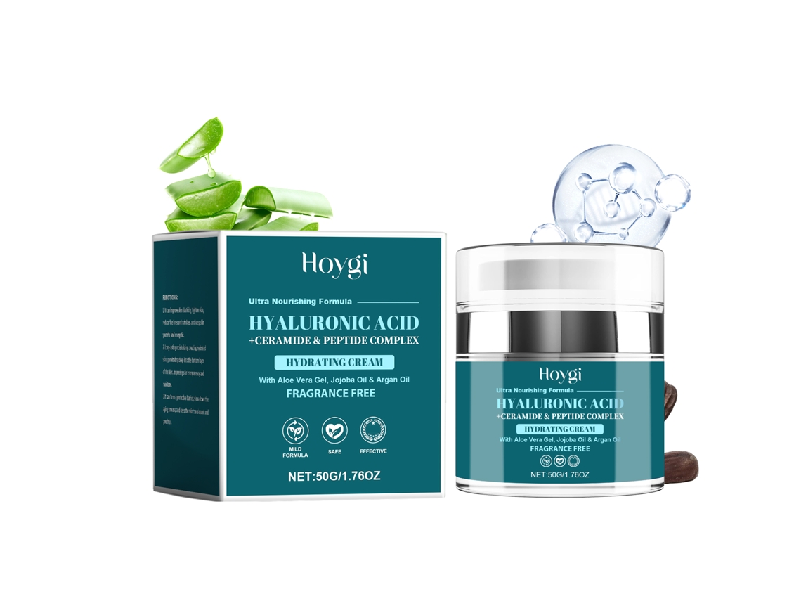 Crema facial hidratante profunda, antiedad, de cuidado calmante con ácido hialurónico y aloe vera.