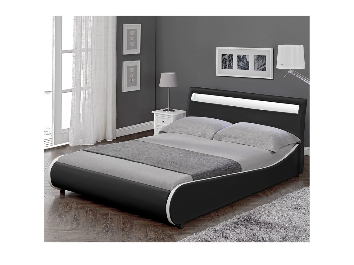 Cama de matrimonio CORIUM (221 x 149 x 83 cm - Piel sintética - Negro)
