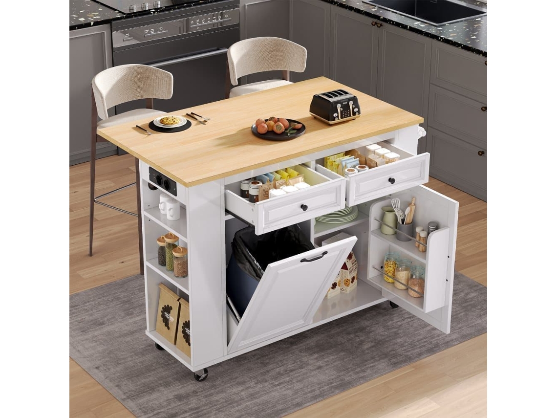 Isla De Cocina Móvil 120×40-70×92 Cm - Mesa Extensible, Con Compartimento Para Basura Y Toallero, Blanco