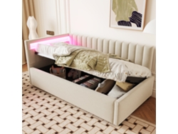 Sofá Cama Tapizado 90x200, Con Iluminación Led Y Almacenaje Hidráulico, Somier, Beige