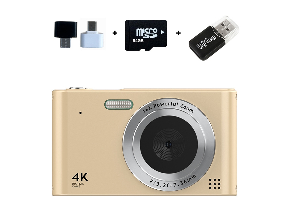 Cámara compacta Eifson para niños, 1080p, 44 MP, con tarjeta de 64 GB, zoom 16x (dorada)