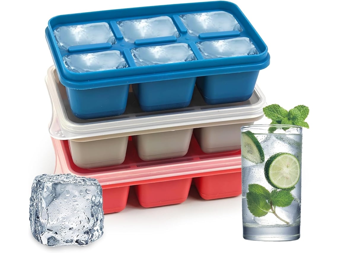 3 Bandejas De Silicone Para Cubos De Gelo - 6 Quadrados - 3 Cores