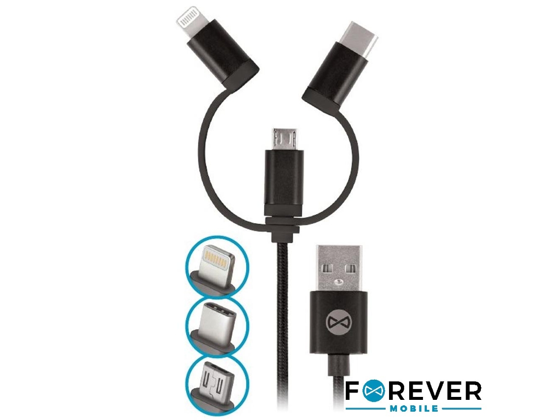 Cable Usb-A FOREVER 2,0 Macho / Micro Usb-B Usb-C y Apple 8P 1M (Negro)