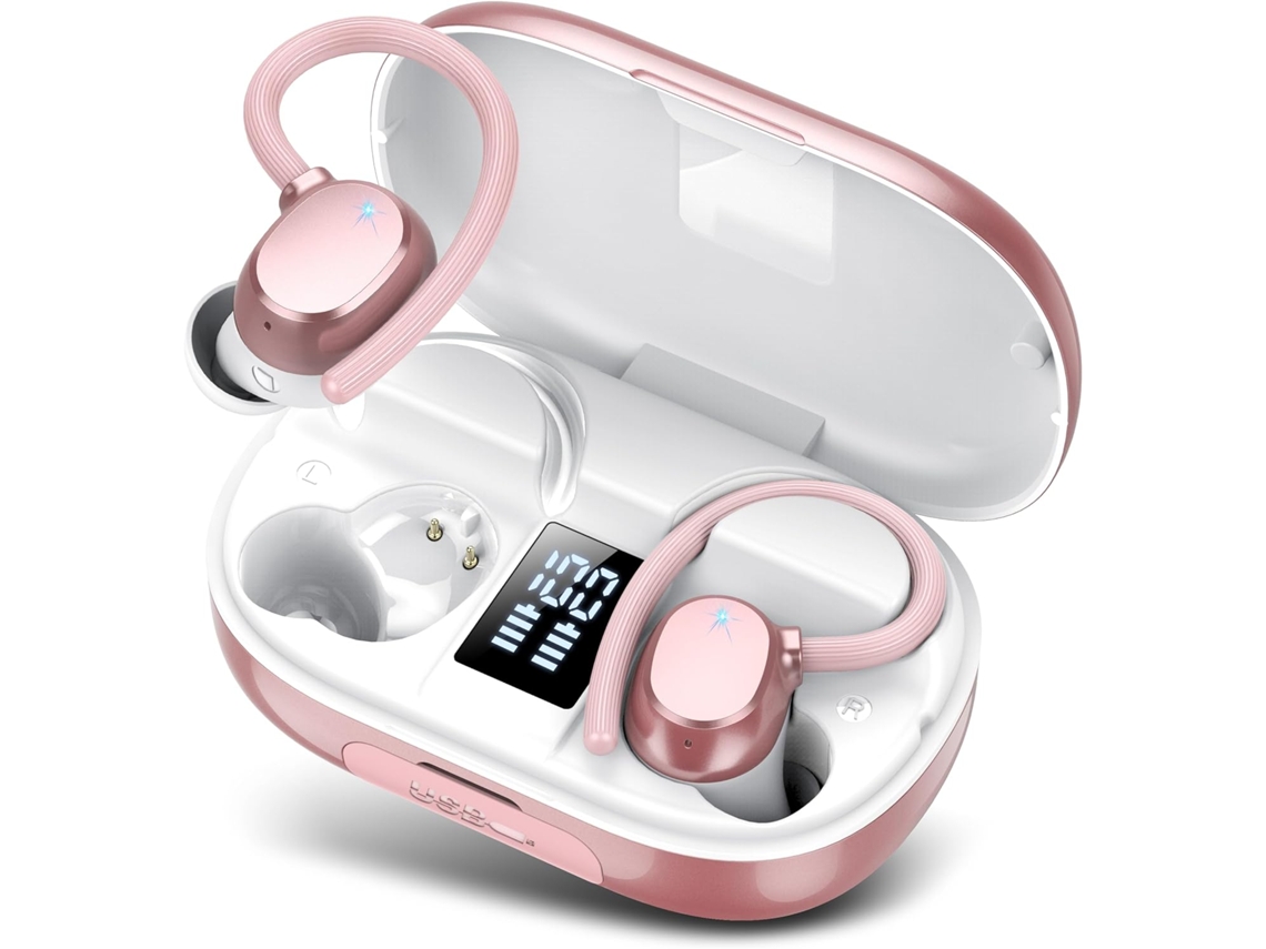 Auriculares deportivos ZYBLSSBB de color rosa, Bluetooth 5.3, 128 horas de autonomía, pantalla LED, 4 micrófonos, clasificación IPX7, ganchos para las orejas.