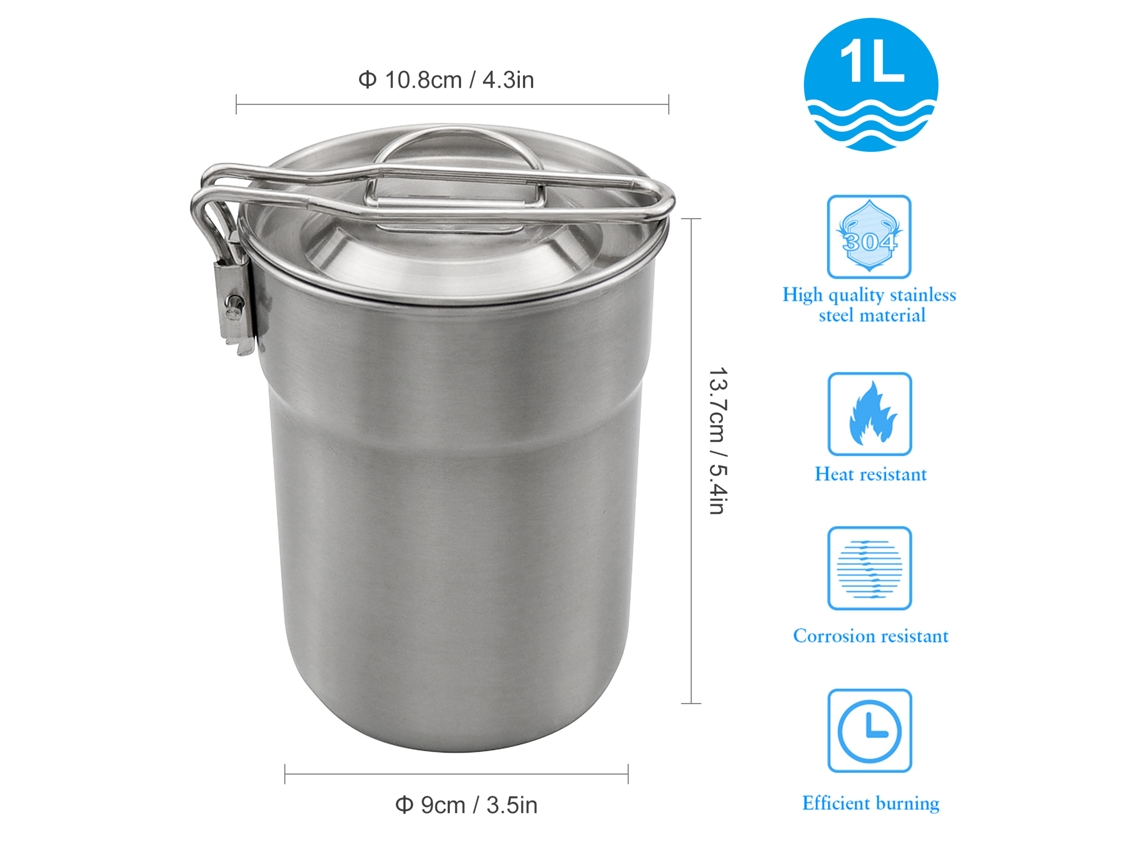 Taza De Café De Acero Inoxidable De 1 Litro Para Camping, Con Asa Plegable Y Tapa Ventilada, Ideal Para Acampar, Hacer Senderismo Y Viajar.