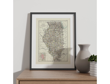 NACNIC Pósters Geográficos En Estilo Vintage Mapa De Illinois De 1885 Ilustraciones De Antiguos Mapamundis En Tonos Sepia Tamaño A3, Con Marco Blan...