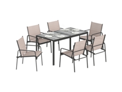 Conjunto De Mesa Y Sillas De Jardín, 6 Sillas De Madera Transpirables, Color Caqui.