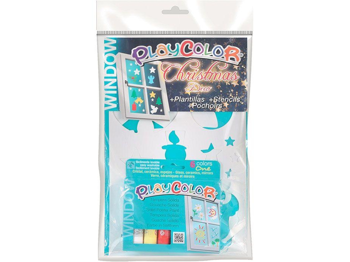 Caja Con 6 Témperas Sólidas + Plantillas Playcolor para Ventanas para Pintar Sobre Vidrio Playcolor