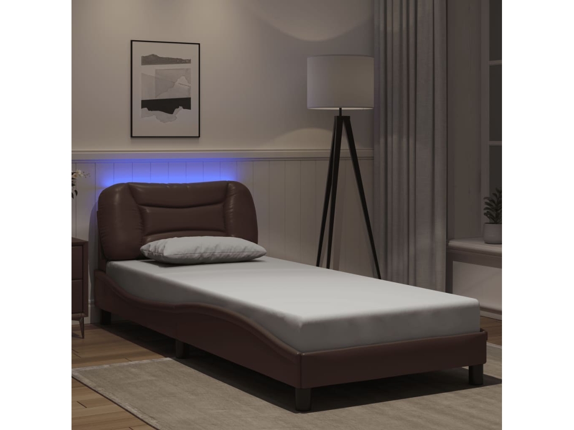 Estructura Cama Con Luces Led Cuero Sintético Marrón 80x200 Cm