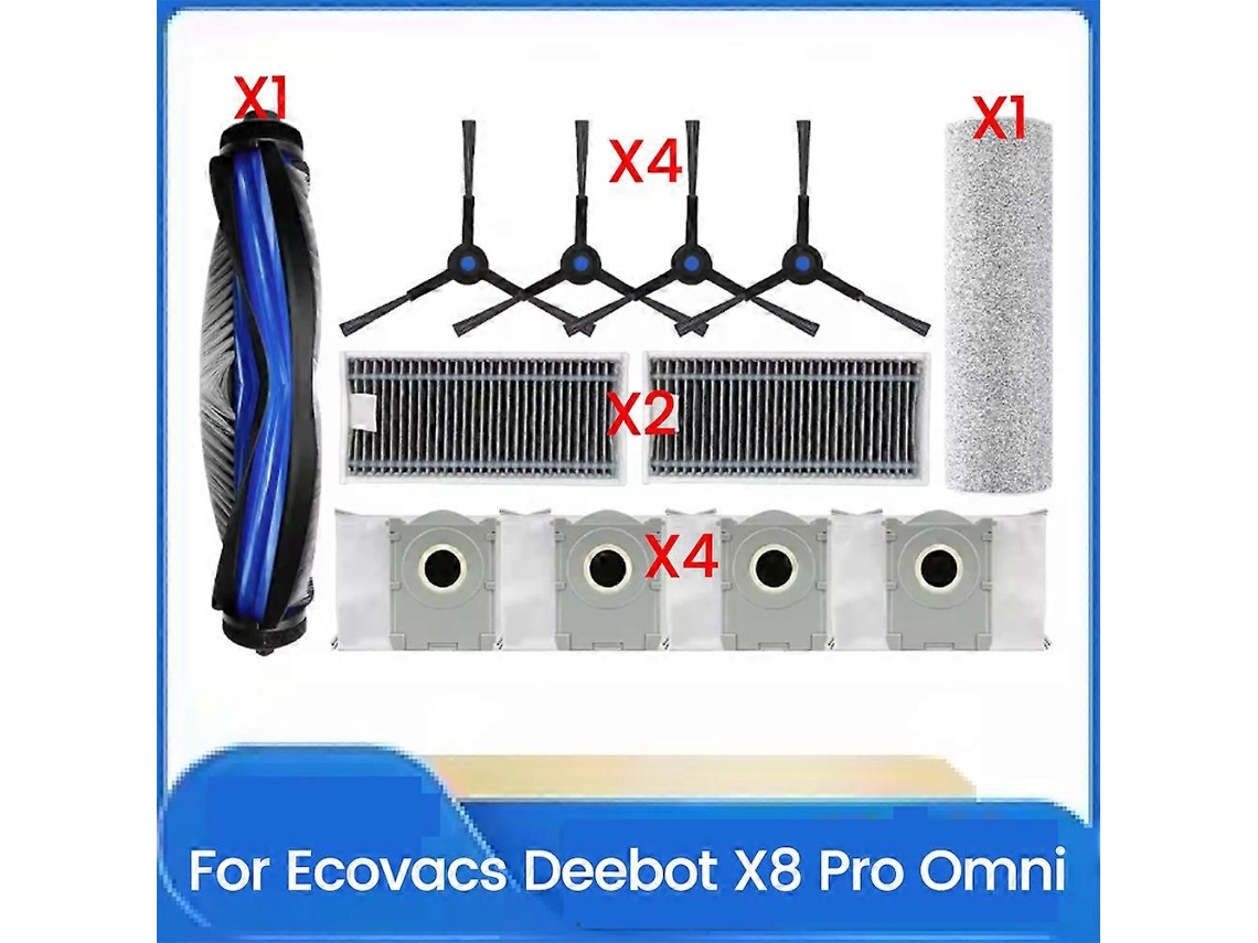 Peças de reposição para aspirador de pó X8 Pro Omni: escova lateral, filtro HEPA e saco de pó.