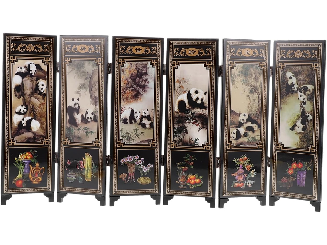 Mini Biombo Plegable De Madera Lacada Antigua, Estilo Chino, Pintura De Panda, 6 Paneles, Decoración
