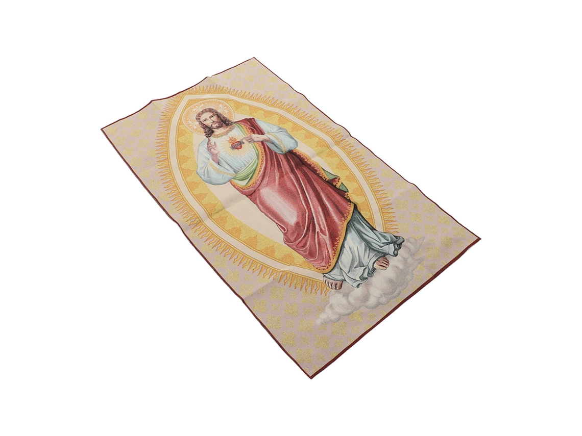 Icono Cristiano Del Sagrado Corazón De Jesús En Brocado De Seda Dorada, 60x100 Cm.