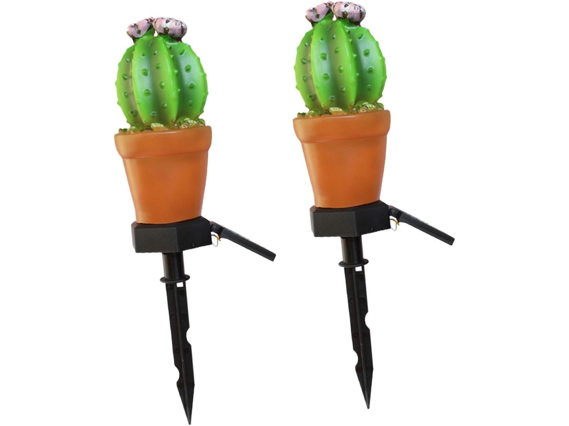 Juego de 2 luces solares LED impermeables para jardín con diseño de cactus, batería integrada y estaca para césped.