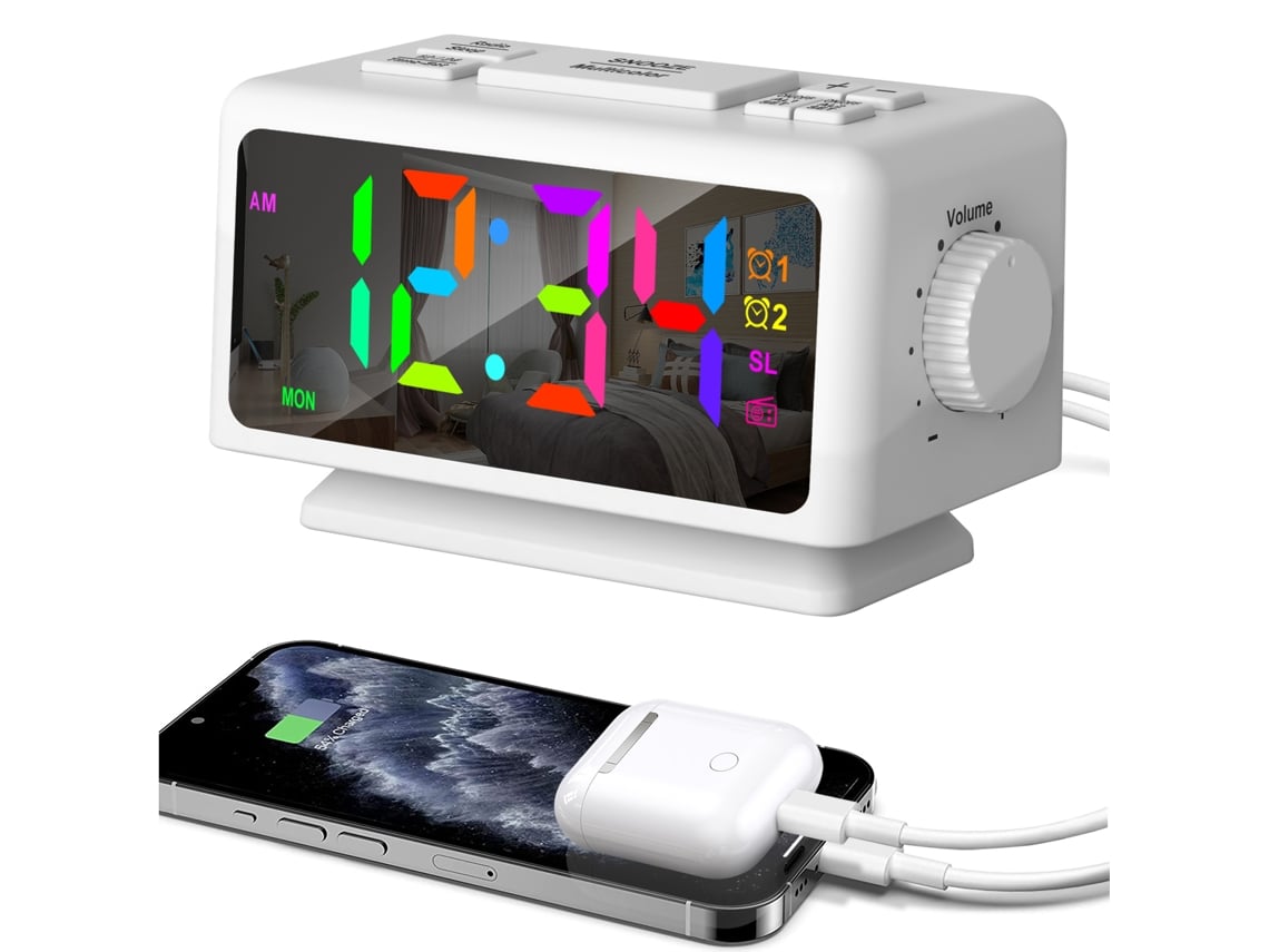 Rebe-reloj Despertador Digital Com 7 Cores, Tela Led Ajustável De 5'', Rádio Com 70 Canais E 2 Usb Para Quarto E Sala