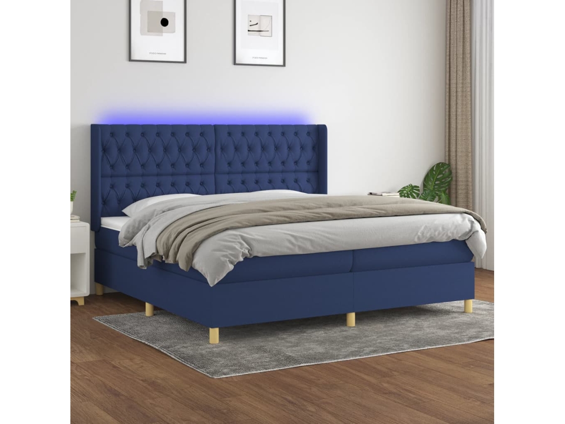 Cama Box Spring Colchón Y Luces Led Tela Azul 200x200 Cm