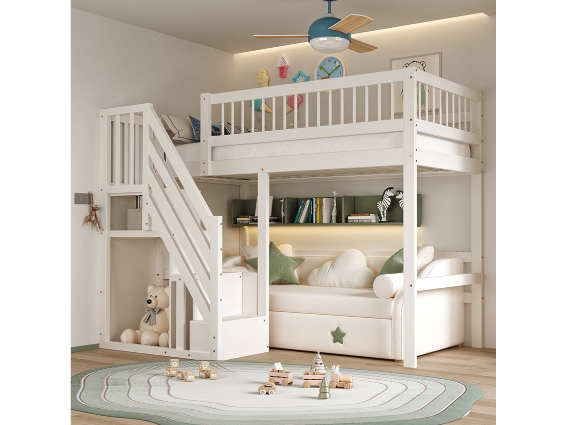 Cama De Madera Maciza De 90x200 Cm Con Escalera De Almacenamiento Y Armario Integrado, Cama Robusta Para Niños/adolescentes, Color Blanco.
