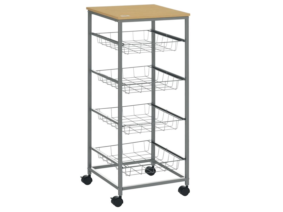 Carrito Cocina 4 Estantes Cestas Metálicas Ruedas Plateado