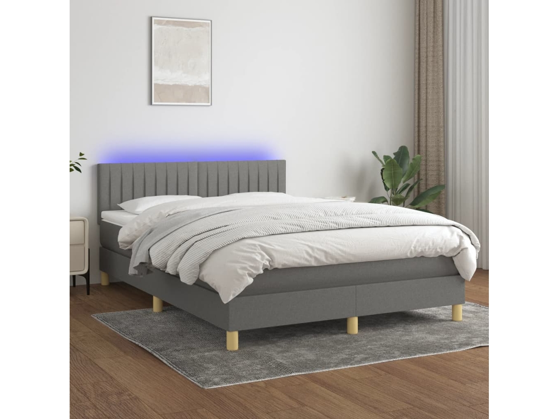 Cama box spring colchón y luces LED tela gris oscuro 140x200 cm