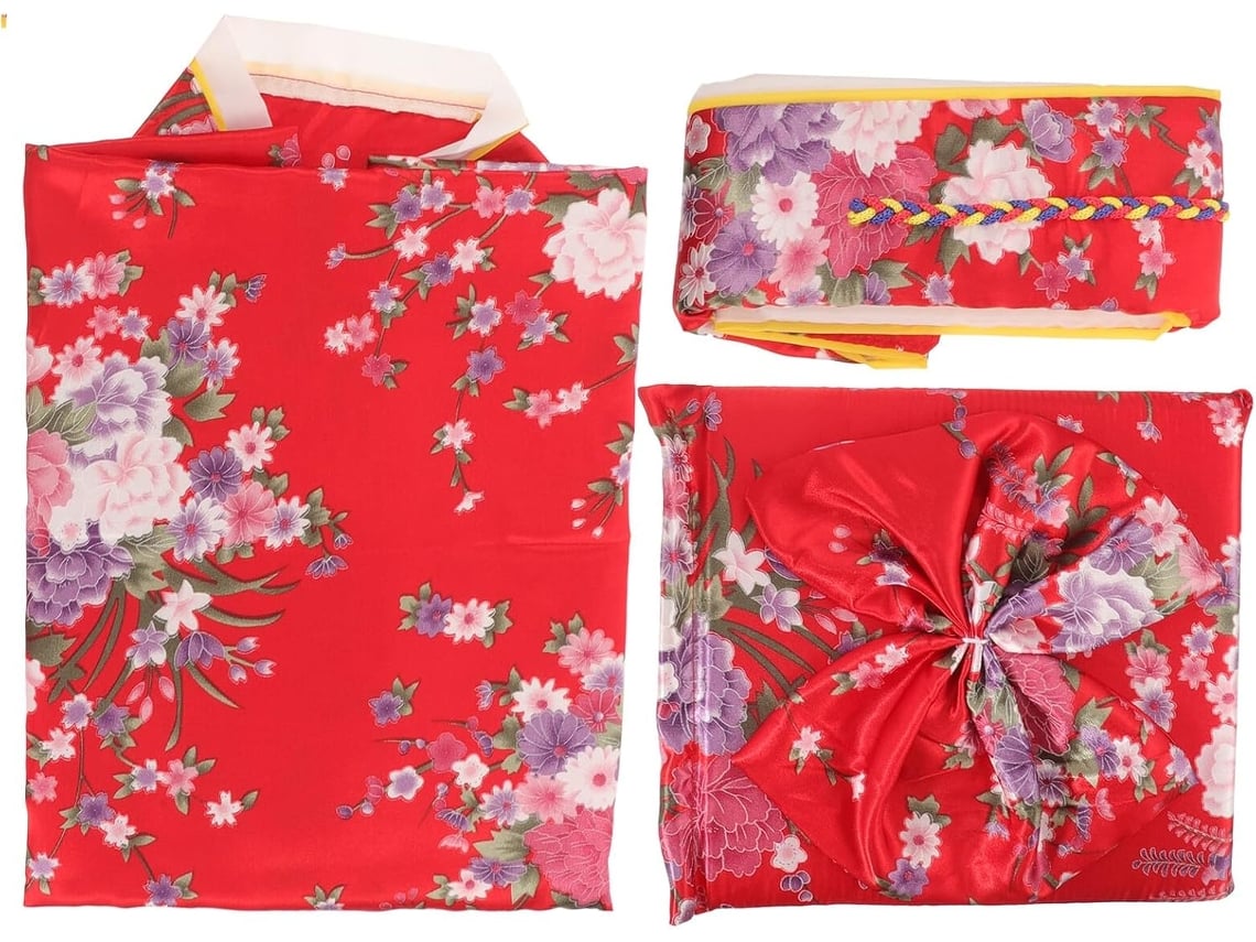 Kimono Japonés Para Niños Y Niñas, 130 Cm, Rojo Con Estampado De Flores De Cerezo.