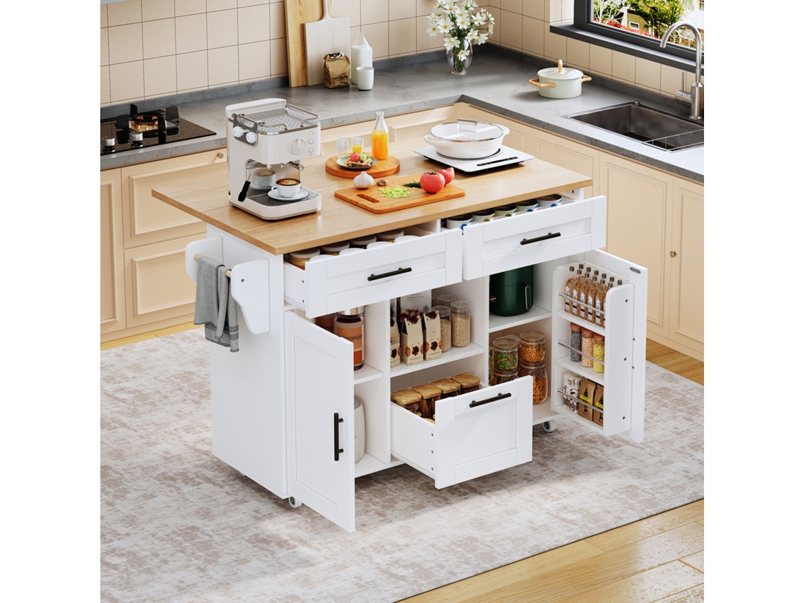 Carrito de cocina moderno de estilo nórdico con ruedas universales de 360°, estante de almacenamiento con cajones y toallero.