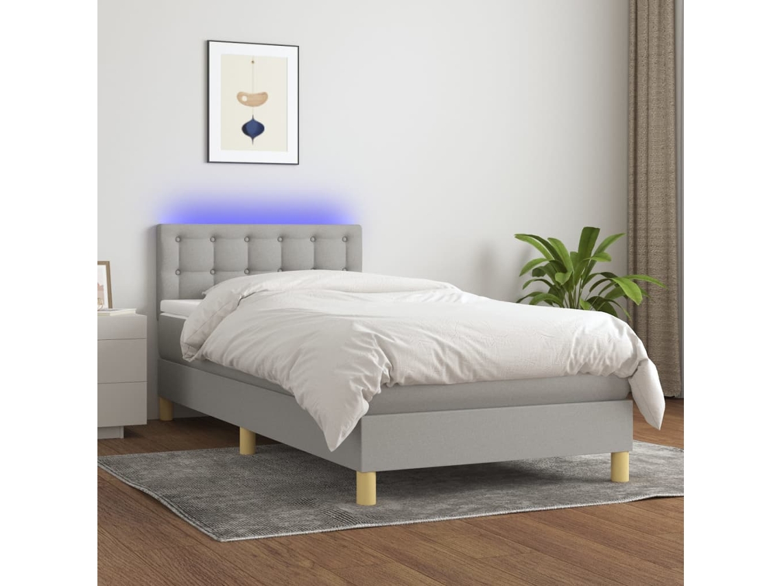 Syfax™ Cama Box Spring Con Colchón Tela Y Led Gris Claro 90x190 Cm