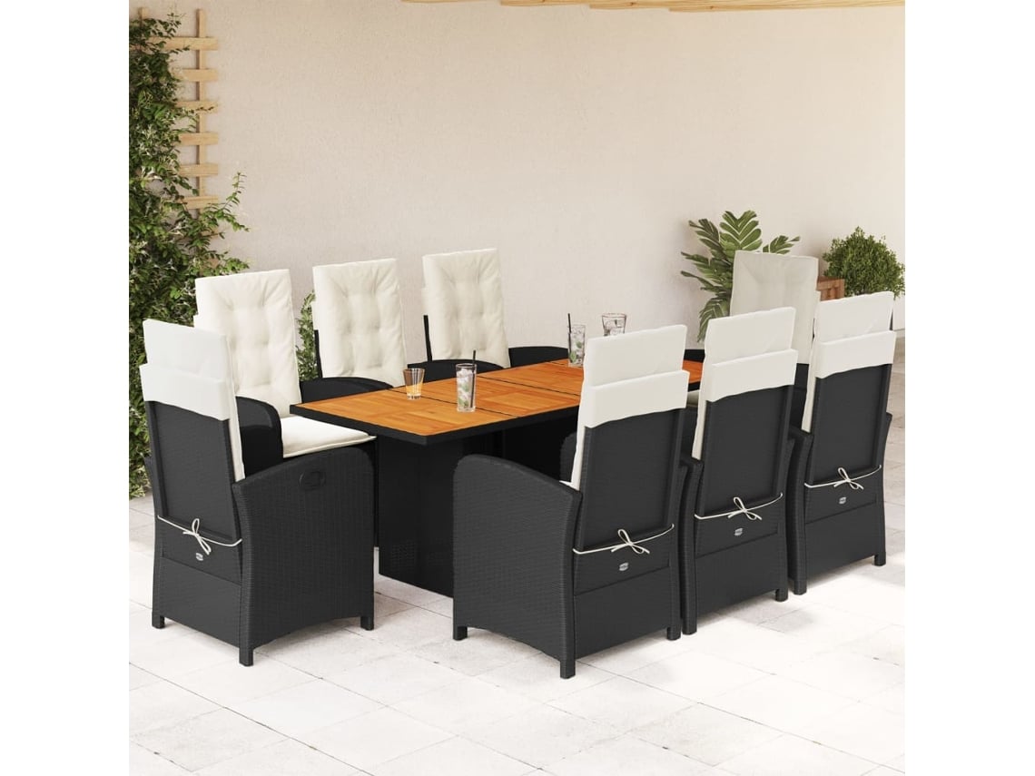 Juego de comedor de jardín de 9 piezas con cojines, mimbre sintético negro, DKD Home Decor