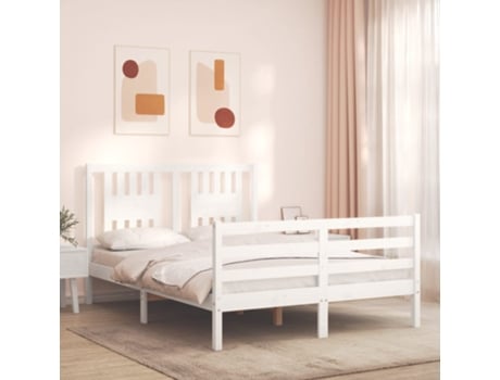 VIDAXL Cama doble blanca de madera maciza con cabecero (Madera - 135 x 190 cm)