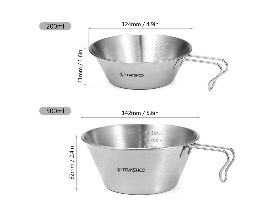 Vaso Medidor Tomshoo Sierra De Acero Inoxidable De 200 Ml/500 Ml Para Camping Y Picnics.