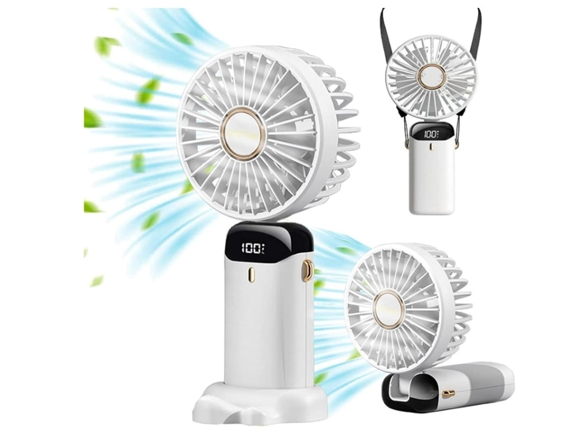 Mini ventilador portátil de 90°, ajustable, recargable por USB, 5000 mAh, pequeño ventilador de escritorio, 5 velocidades, 16/24 horas de funcionamiento, blanco USHION