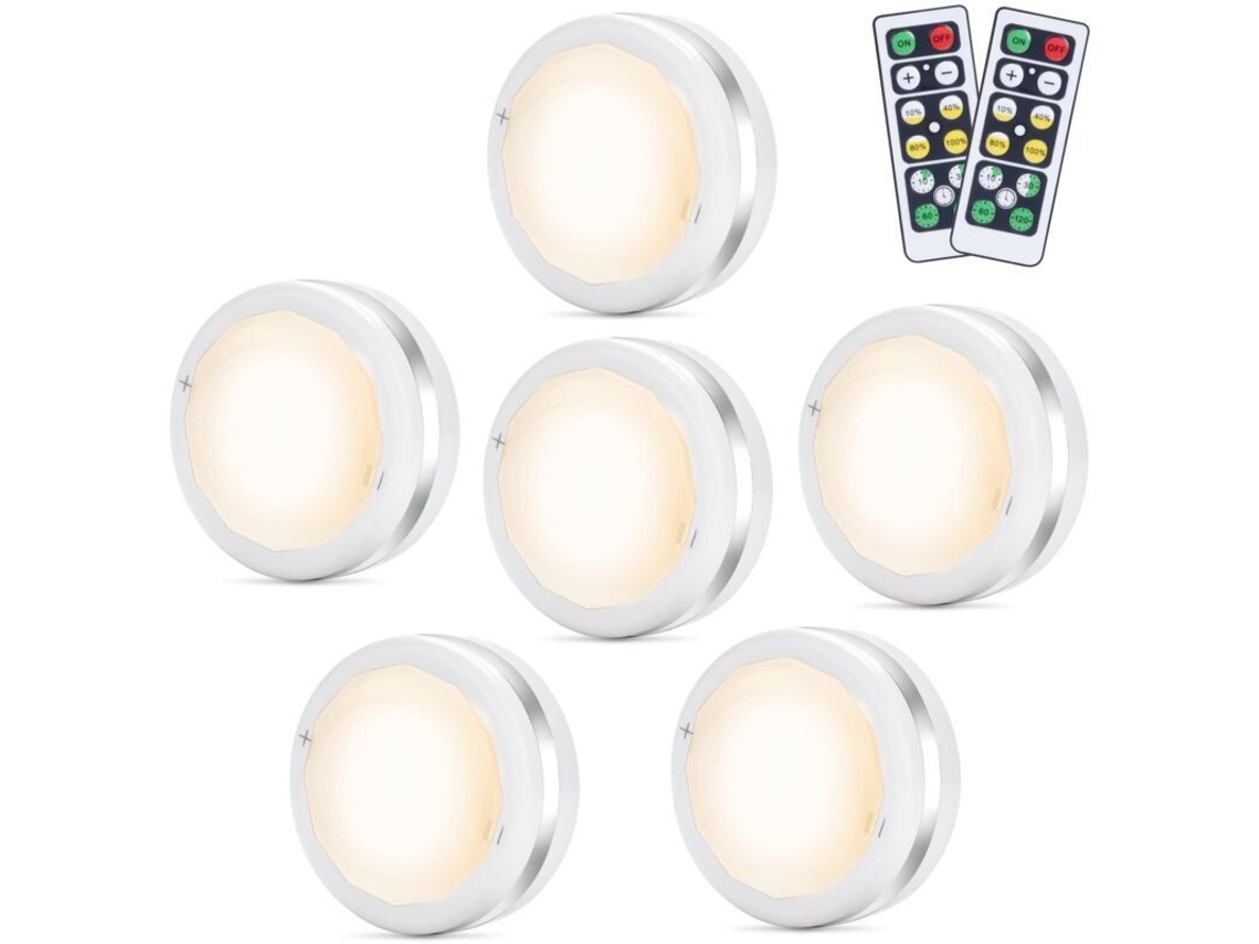 6 luces LED inalámbricas con mando a distancia para armarios, vestidores, escaleras y escaparates (blancas)