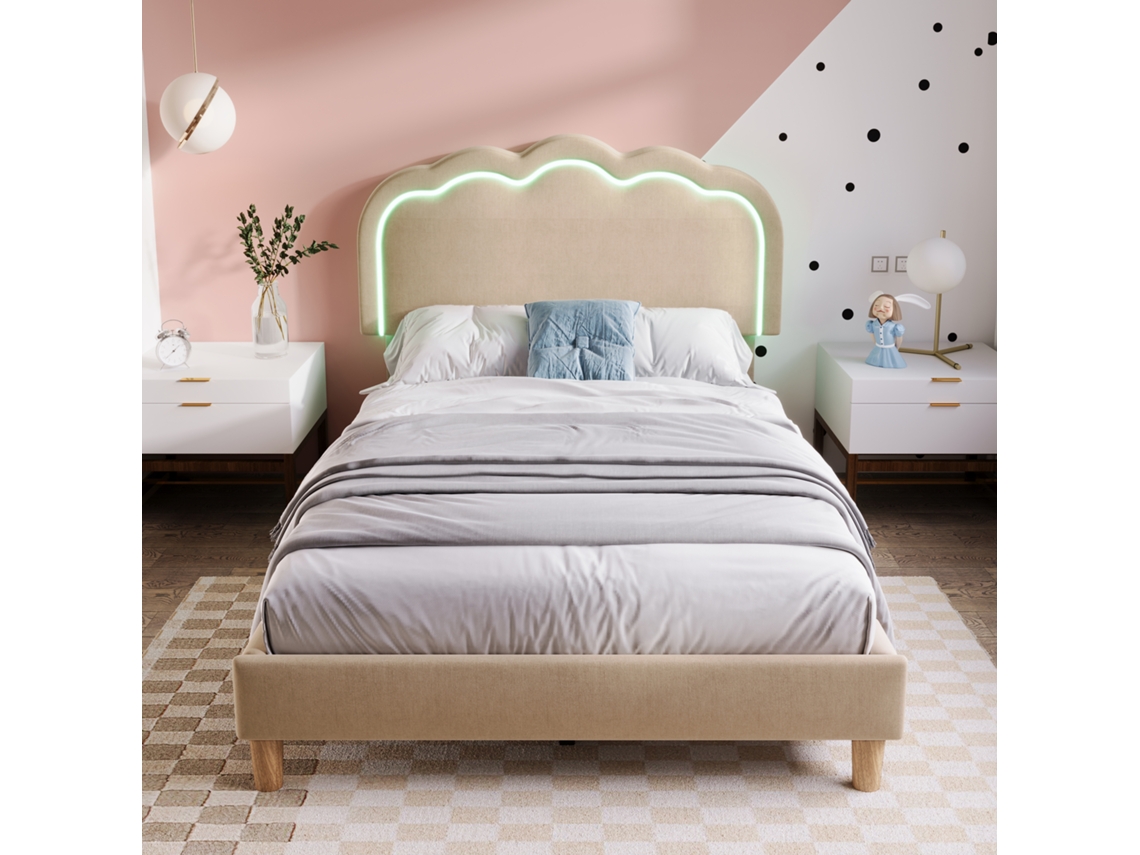 Cama de 90x190 cm tapizada en lino con LED y somier de láminas beige