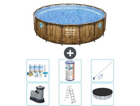 Piscina BESTWAY Round Power Steel Swim Vista - Impresión en madera - 488 x 122 - Incluye bomba - Escalera - Cubierta Accesorios CB32