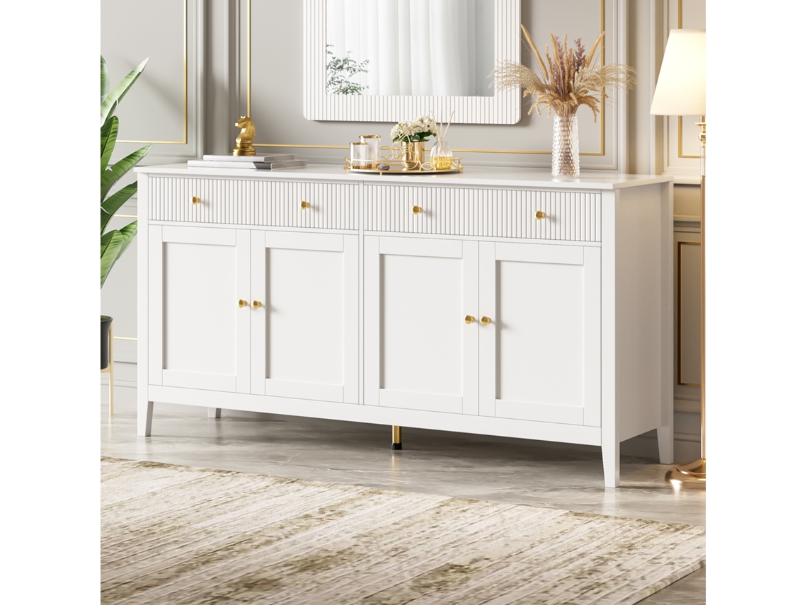Aparador De Comedor - 2 Cajones Y 4 Puertas, Estilo Elegante, Tiradores Dorados, Gran Capacidad De Almacenamiento - Blanco