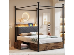 Cama Con Dosel De Metal De 90x190 Cm, Led, Usb-c, 2 Cajones.