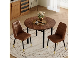 Conjunto De Mesa Redonda (100 Cm) De Madera, Con 2 Sillas De Tela Marrón Y Metal Negro.