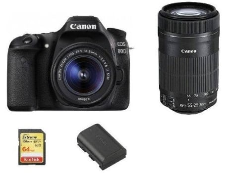 Cámara Reflex CANON EOS 80D + Objectivo EF-S 18-55MM F3.5-5.6 IS STM + Objectivo EF-S 55-250MM F4-5.6 IS STM + Tarjeta SD 64GB + Batería LP-E6N (AP...