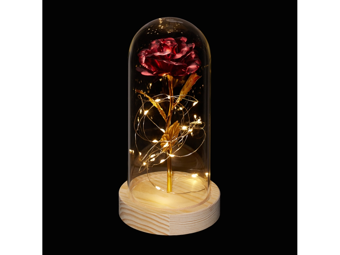 Relaxdays Rosa Eterna Luces, Día Madre Regalo Original, Flor Iluminación Led, San Valentín, Artificial, Rojo/dorado