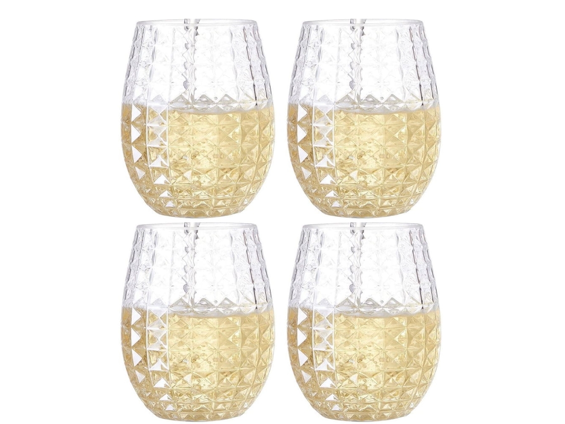 JILLIOPER Vaso de Vino 12oz sin Pie, Juego de 4 Vasos, Reutilizables y Antirrotura para Fiesta, Interior y Exterior